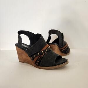 Very G Black Denim Wedge Sandals with Brown Accents